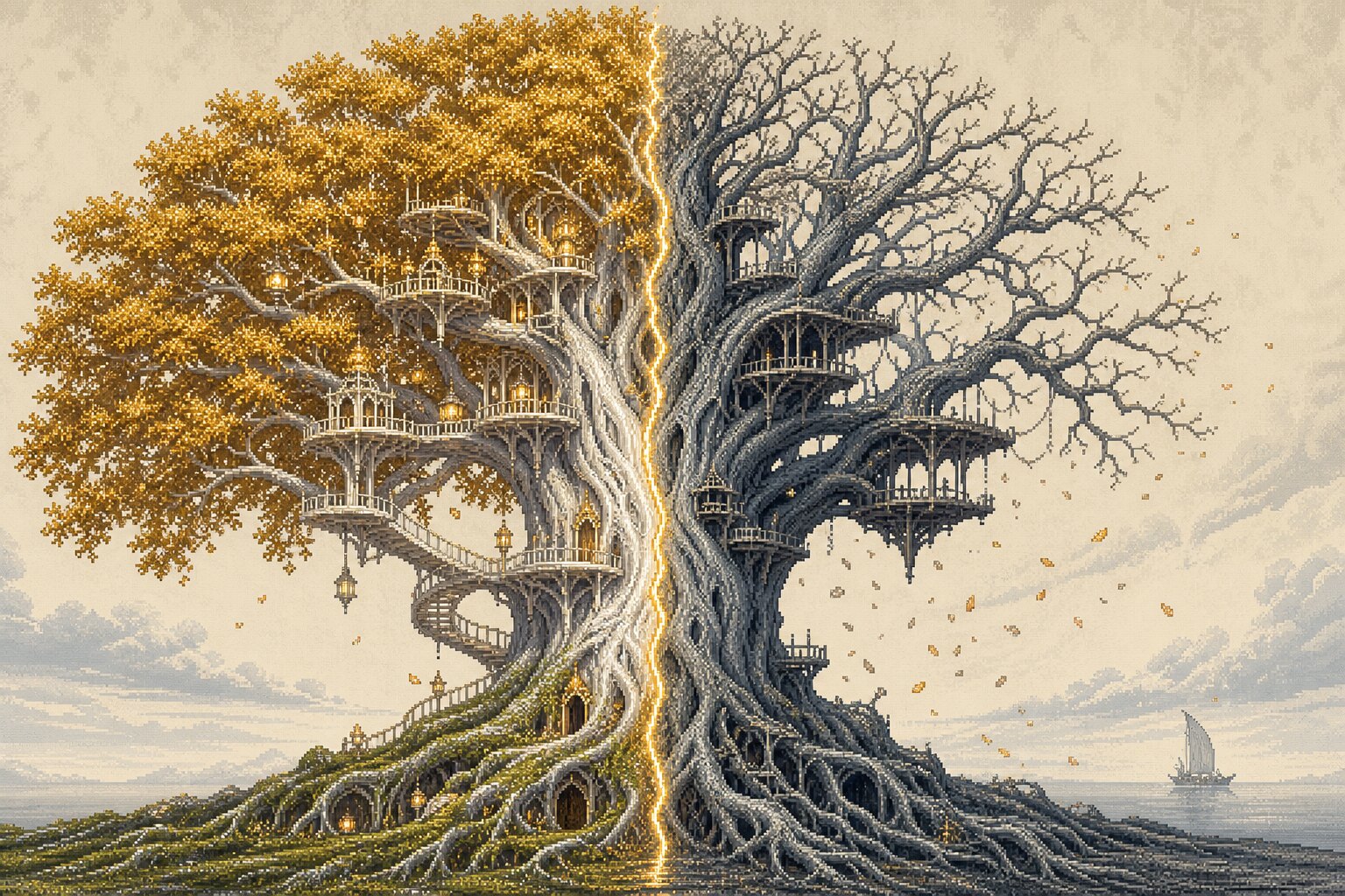 한 그루 거대한 멜로른이 세로로 둘로 갈린 개념 삽화. 왼쪽 절반은 은빛 줄기와 무성한 금빛 잎, 빛나는 흰 플렛과 등불로 가득한 전성기. 오른쪽 절반은 잎이 떨어지고 줄기가 잿빛으로 시들며 불빛이 꺼져 가는 쇠락. 오른쪽 먼 지평선 위로 작은 잿빛 엘프의 배가 서녘으로 항해한다. 두 절반을 가르는 가느다란 엠버골드 이음선이 위에서 아래로 흐른다. 레트로 픽셀아트.