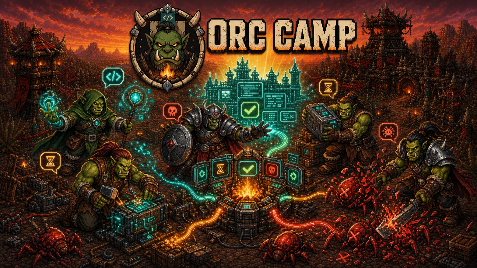 Orc Camp 메인 포스터 — 석양의 오크 요새에서 다섯 오크가 캠프파이어 관제 콘솔을 둘러싸고 일한다. 각자 코드·모래시계·해골 말풍선으로 상태를 알리고, 바닥에는 처치해야 할 붉은 버그들이 기어다닌다.